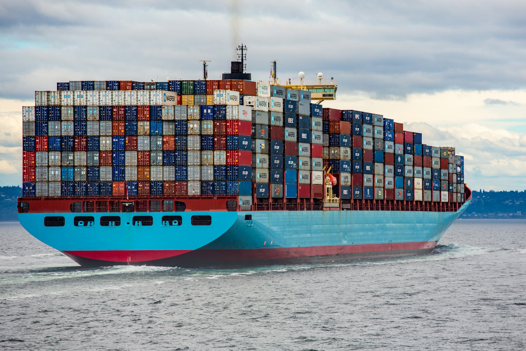 Fully loaded container ship at sea